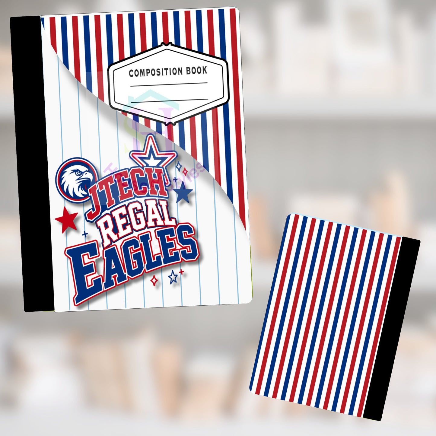 Composition book with red, white, and blue stripes and "JTECH REGAL EAGLES" logo.