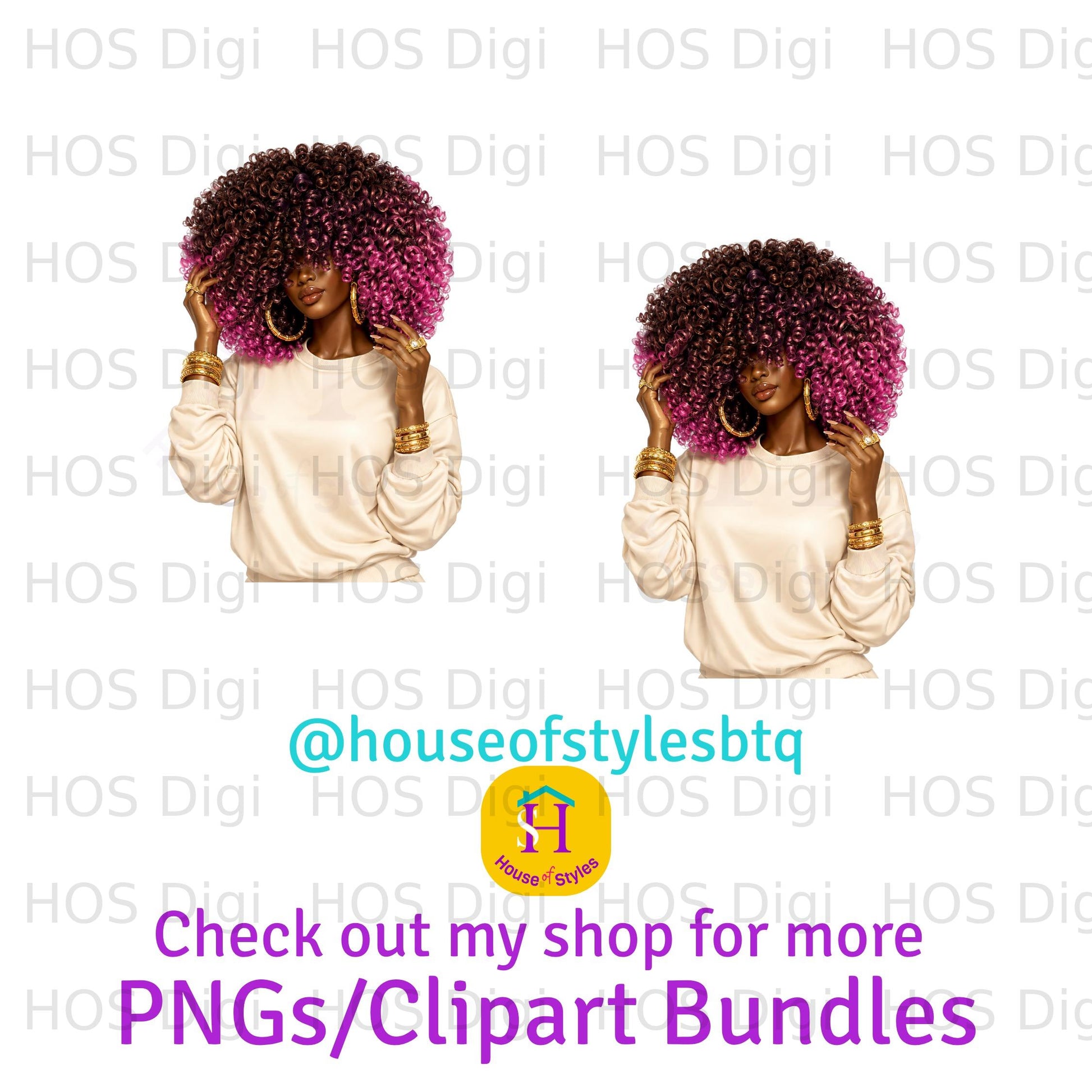 Model wearing curly wig and gold jewelry, advertising PNGs/Clipart Bundles.
