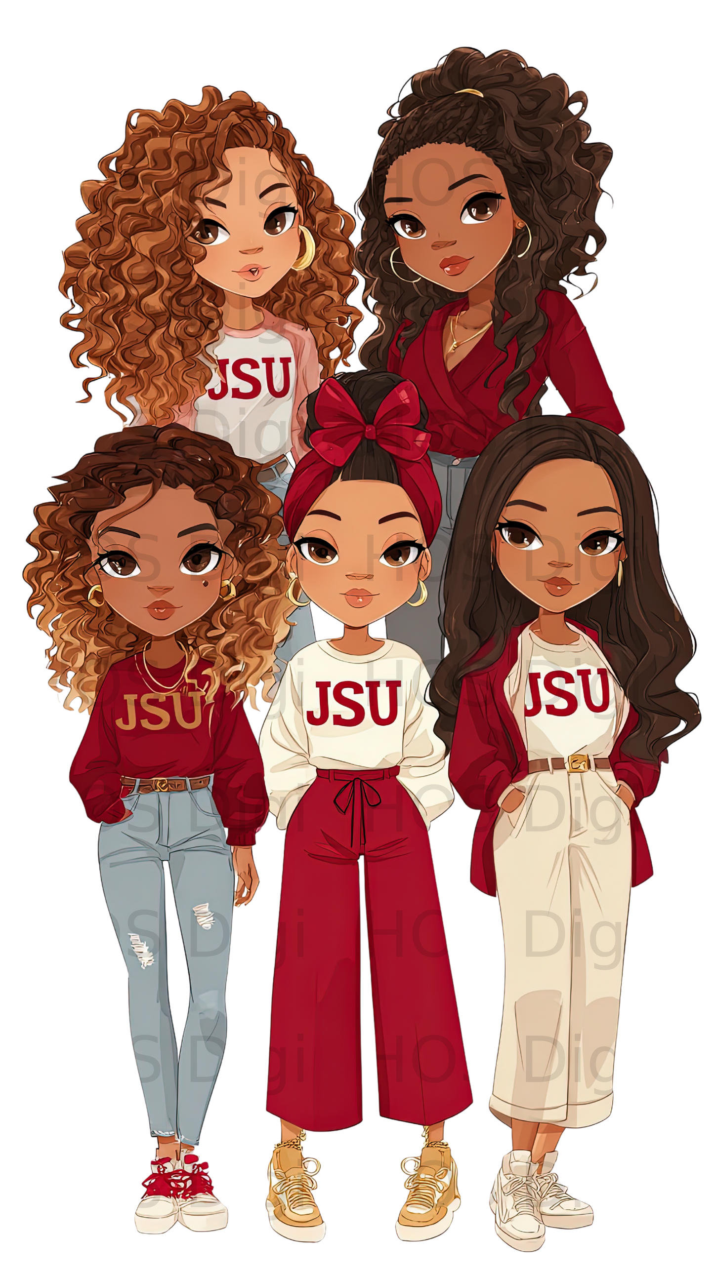 Five diverse women in maroon and white JSU tops and jackets.