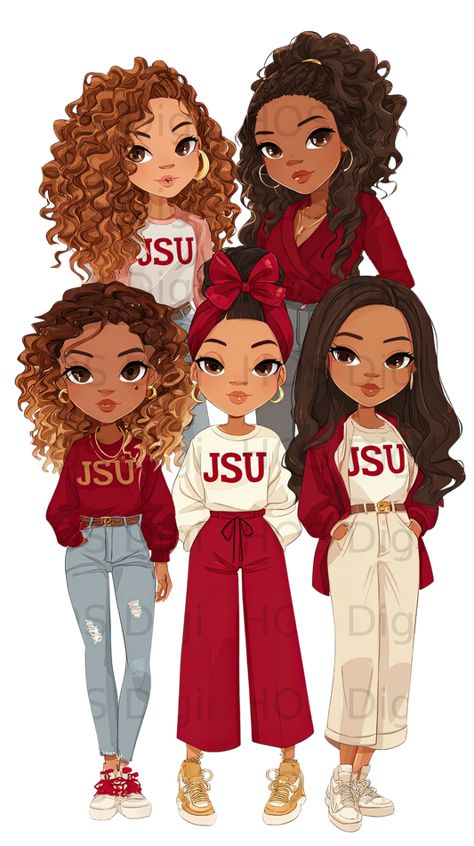 Five diverse women in maroon and white JSU tops and jackets.