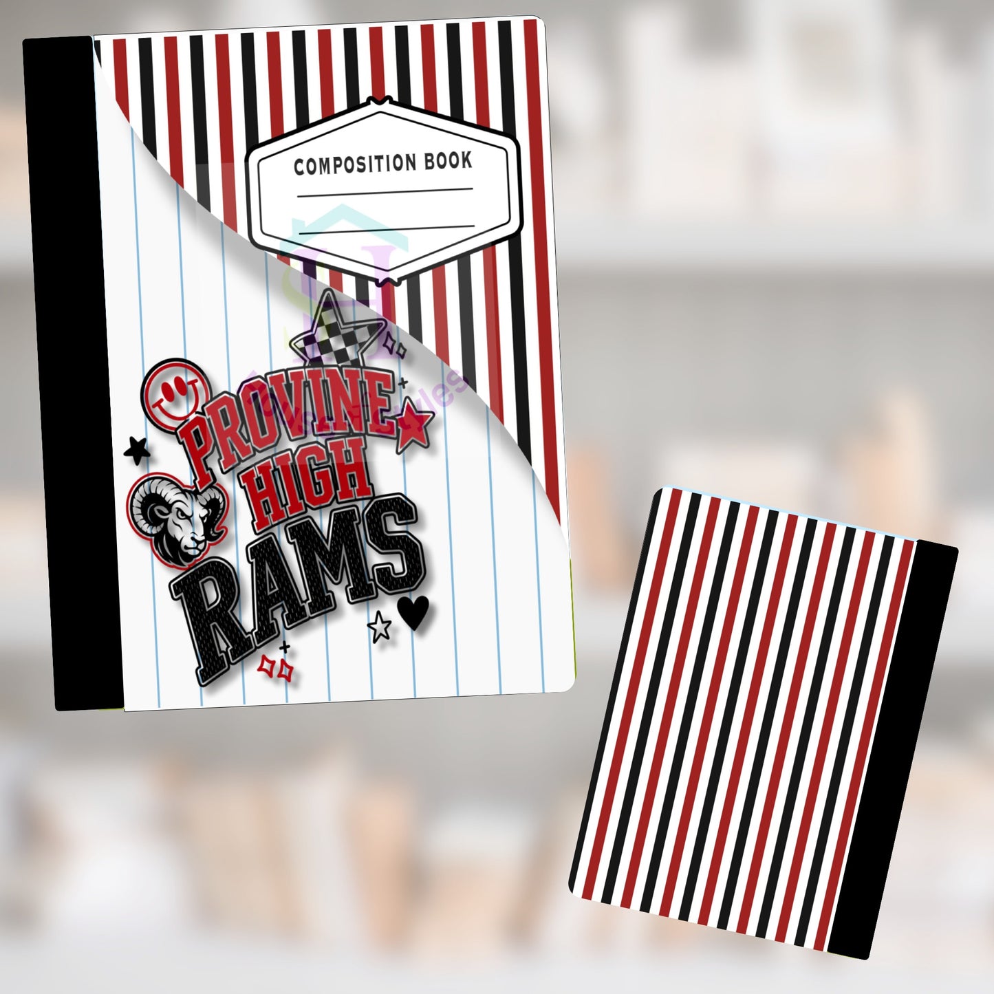 Provine High Rams composition book with red, black, and white stripes.