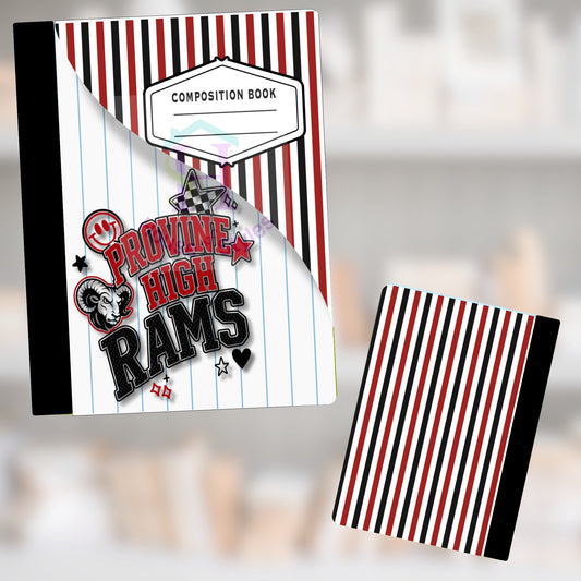 Provine High Rams composition book with red, black, and white stripes.