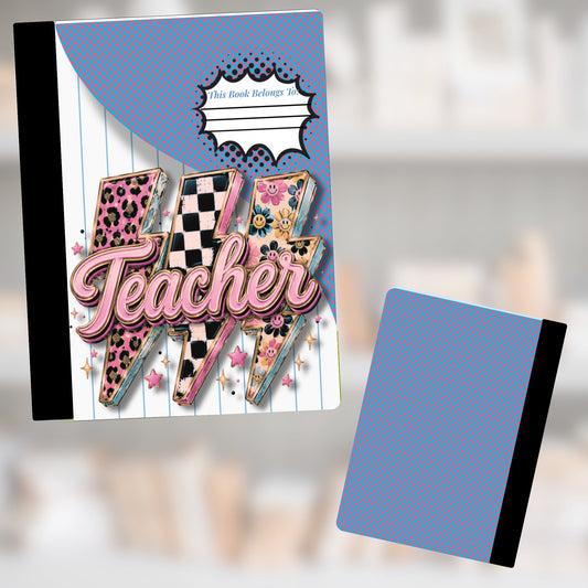 Notebook cover with "Teacher" text and lightning bolts in retro patterns.