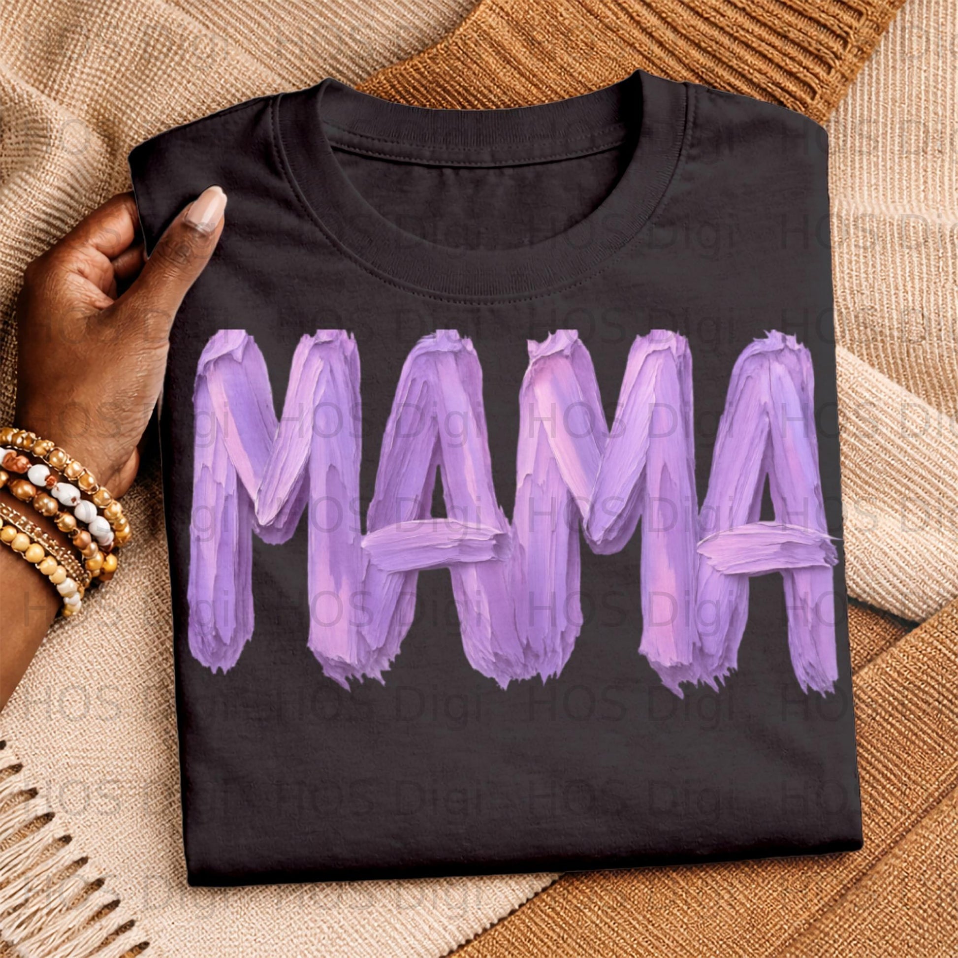 Black t-shirt with "Mama" in textured purple brush strokes.