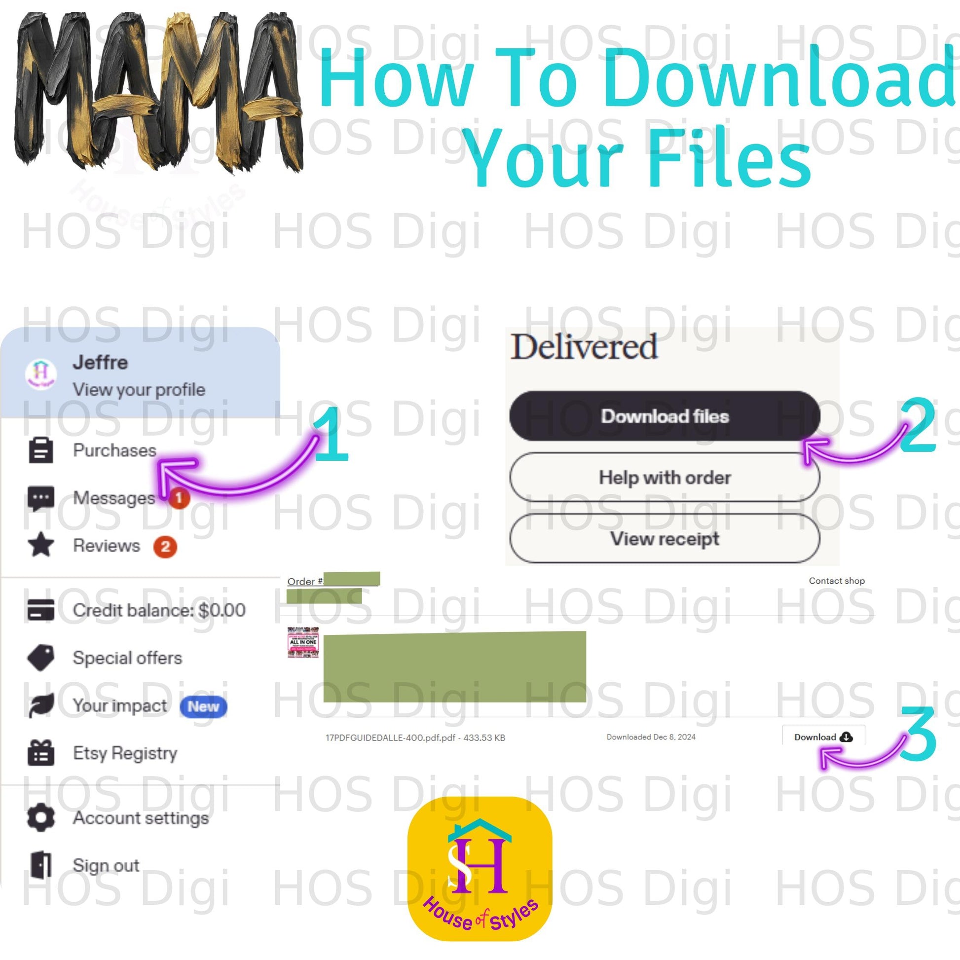 Etsy order confirmation page showing download link for "MAMA How To Download Your Files."