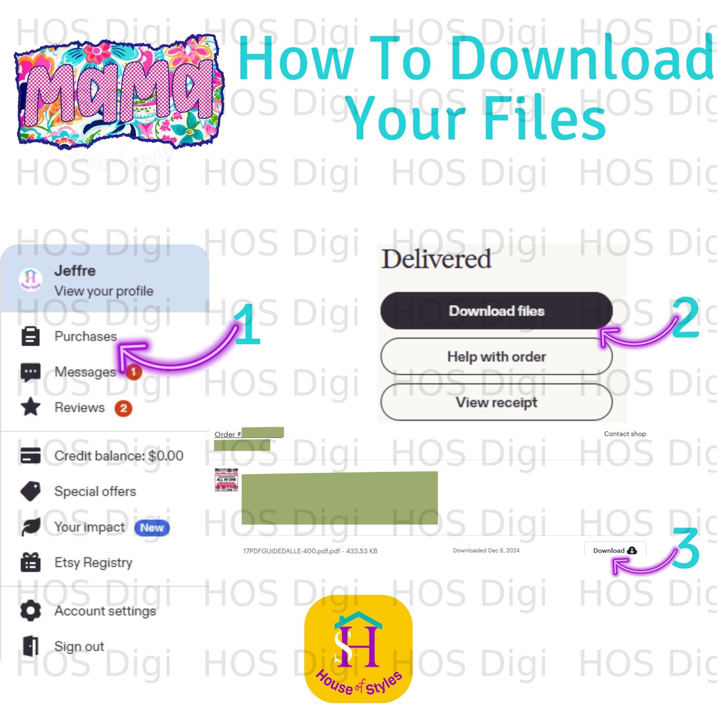 Screenshot of Etsy order with download instructions and file name.