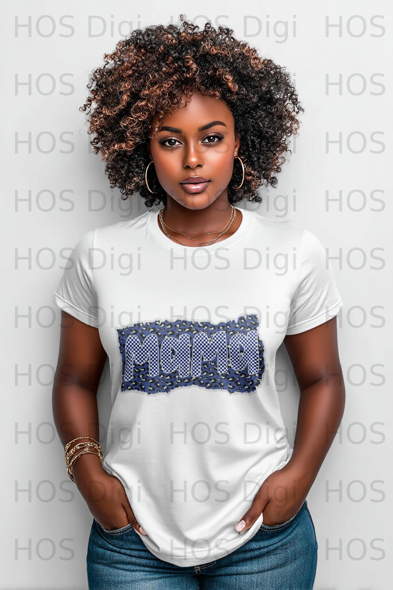 Woman in white t-shirt with "Mama" text and leopard print overlay.