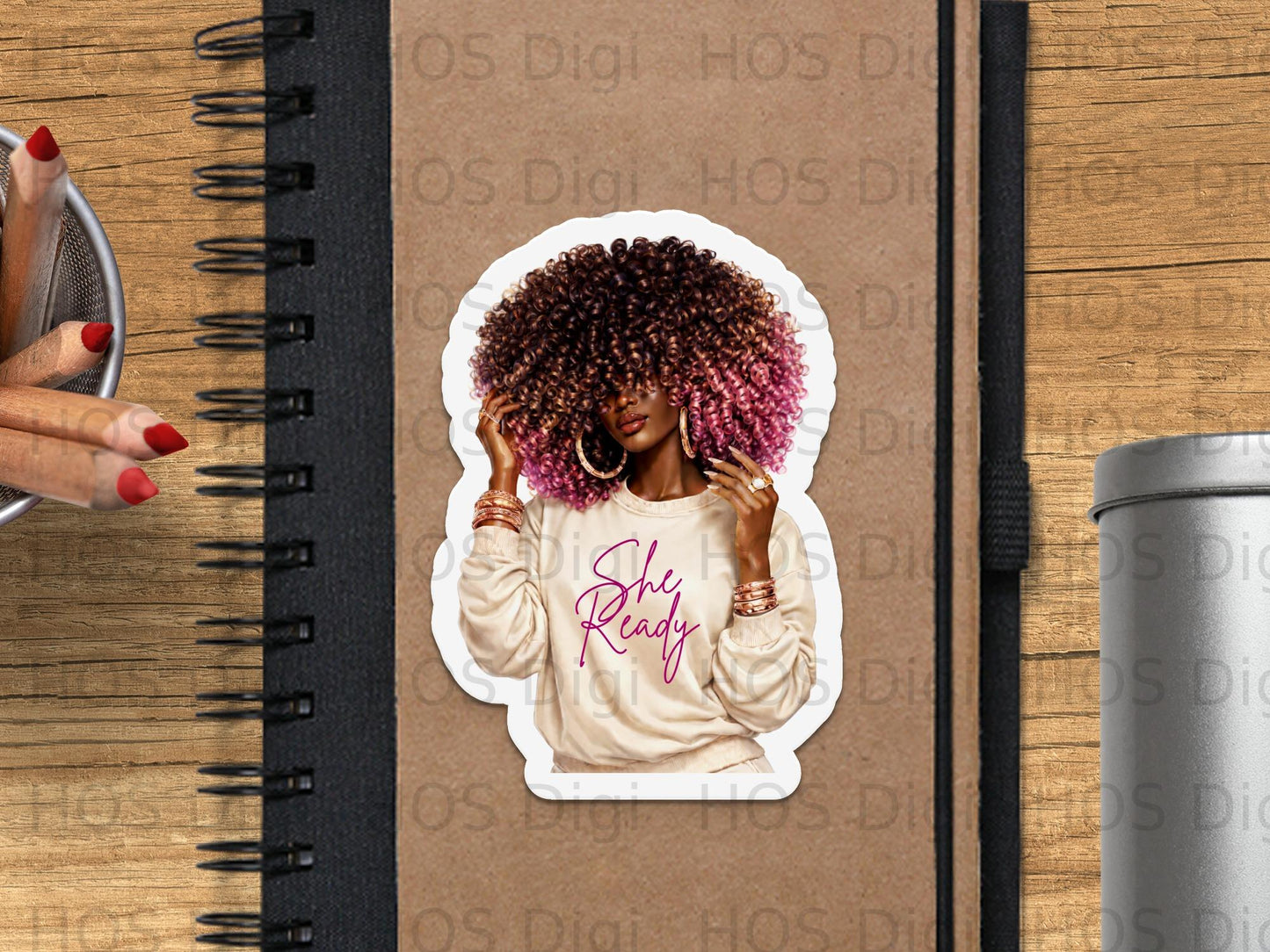 Woman with pink-tipped curly hair wearing "Ready" sweatshirt.