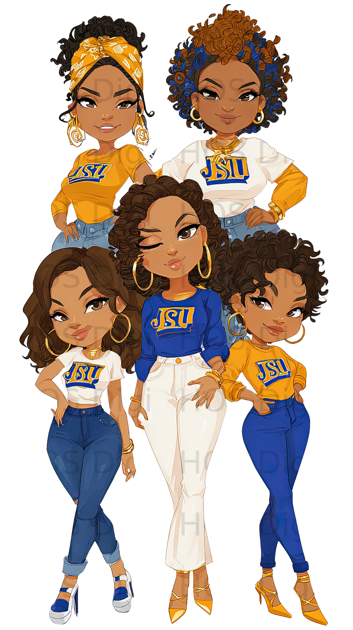 Five cartoon women in yellow and blue "JSU" shirts and jeans.