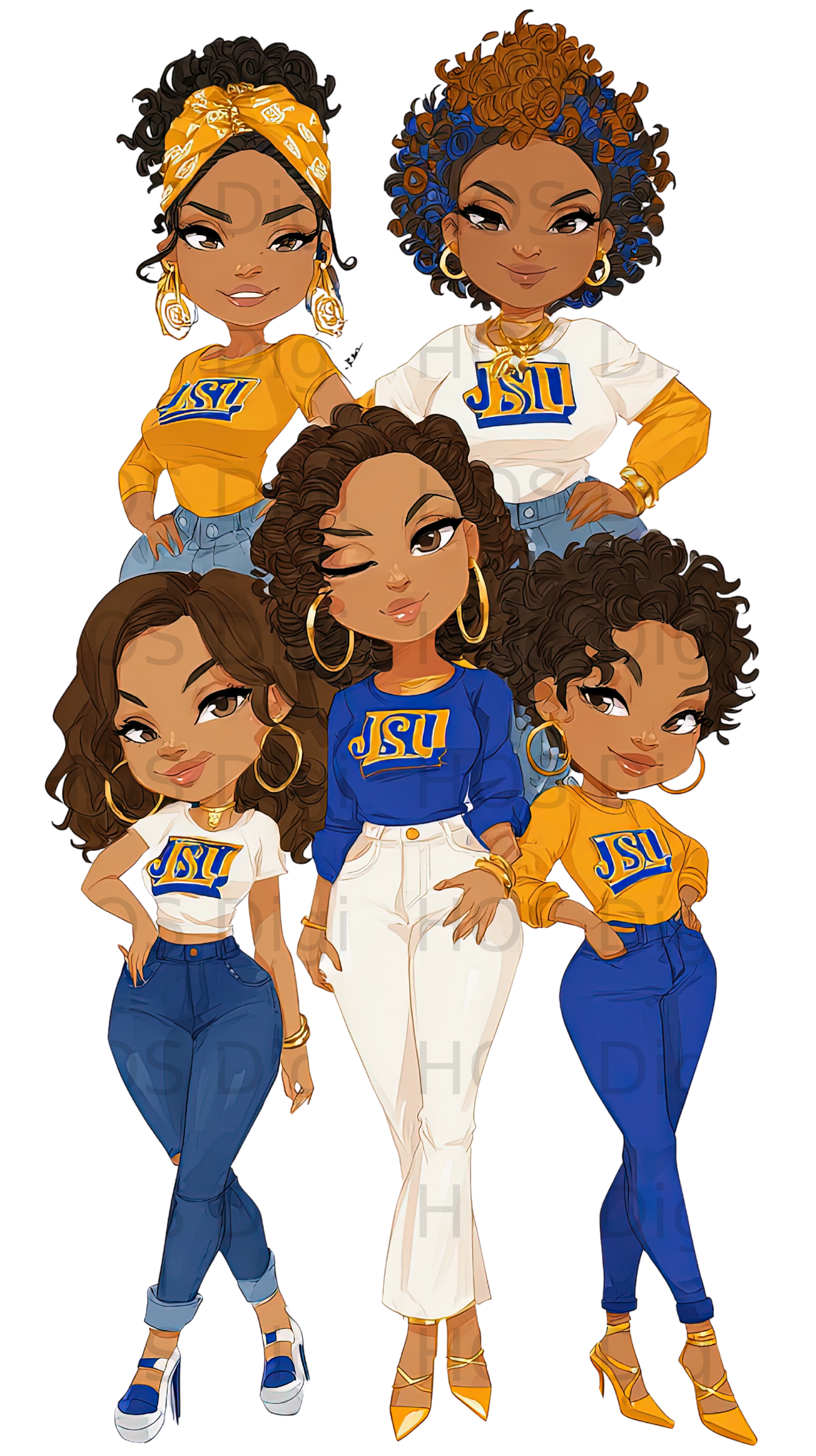 Five cartoon women in yellow and blue "JSU" shirts and jeans.