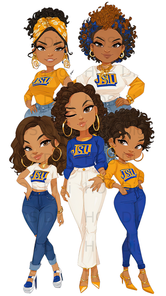 Five cartoon women in yellow and blue "JSU" shirts and jeans.