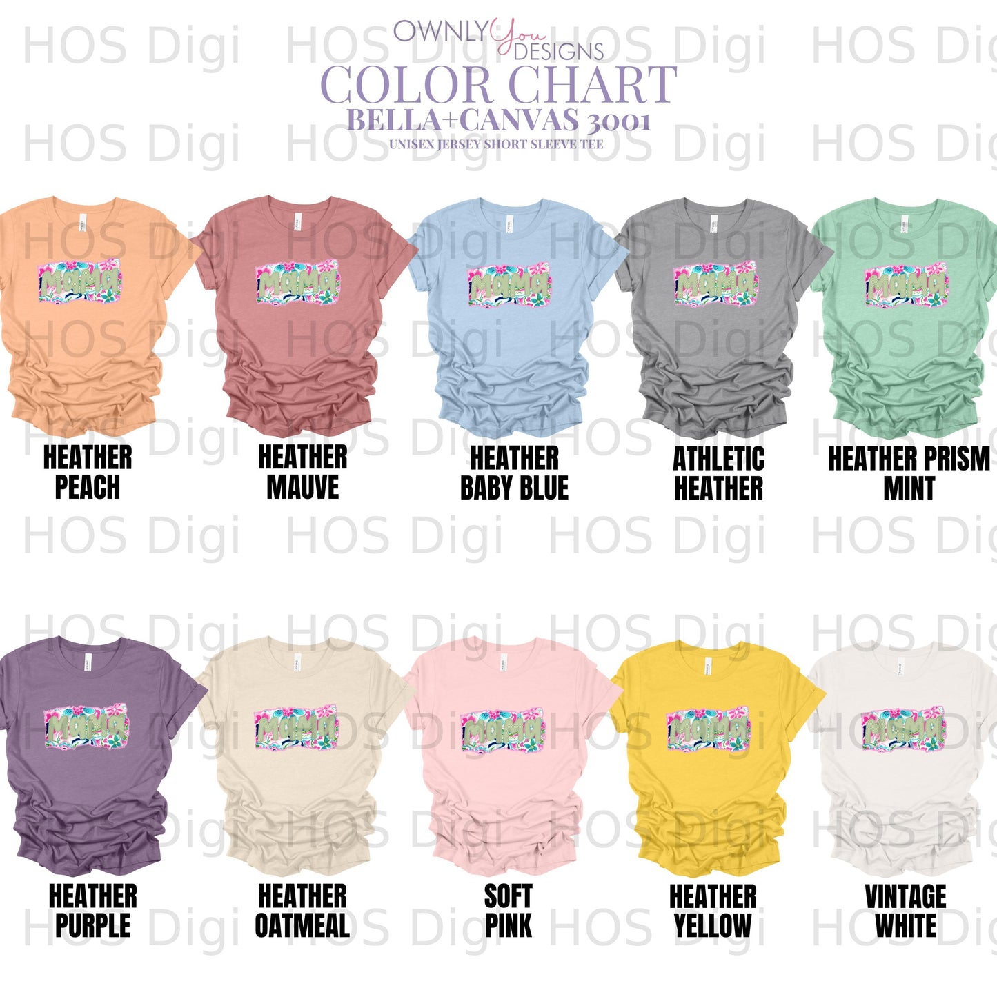 Bella+Canvas 3001 color chart showing heather colors including peach, mauve, and mint.