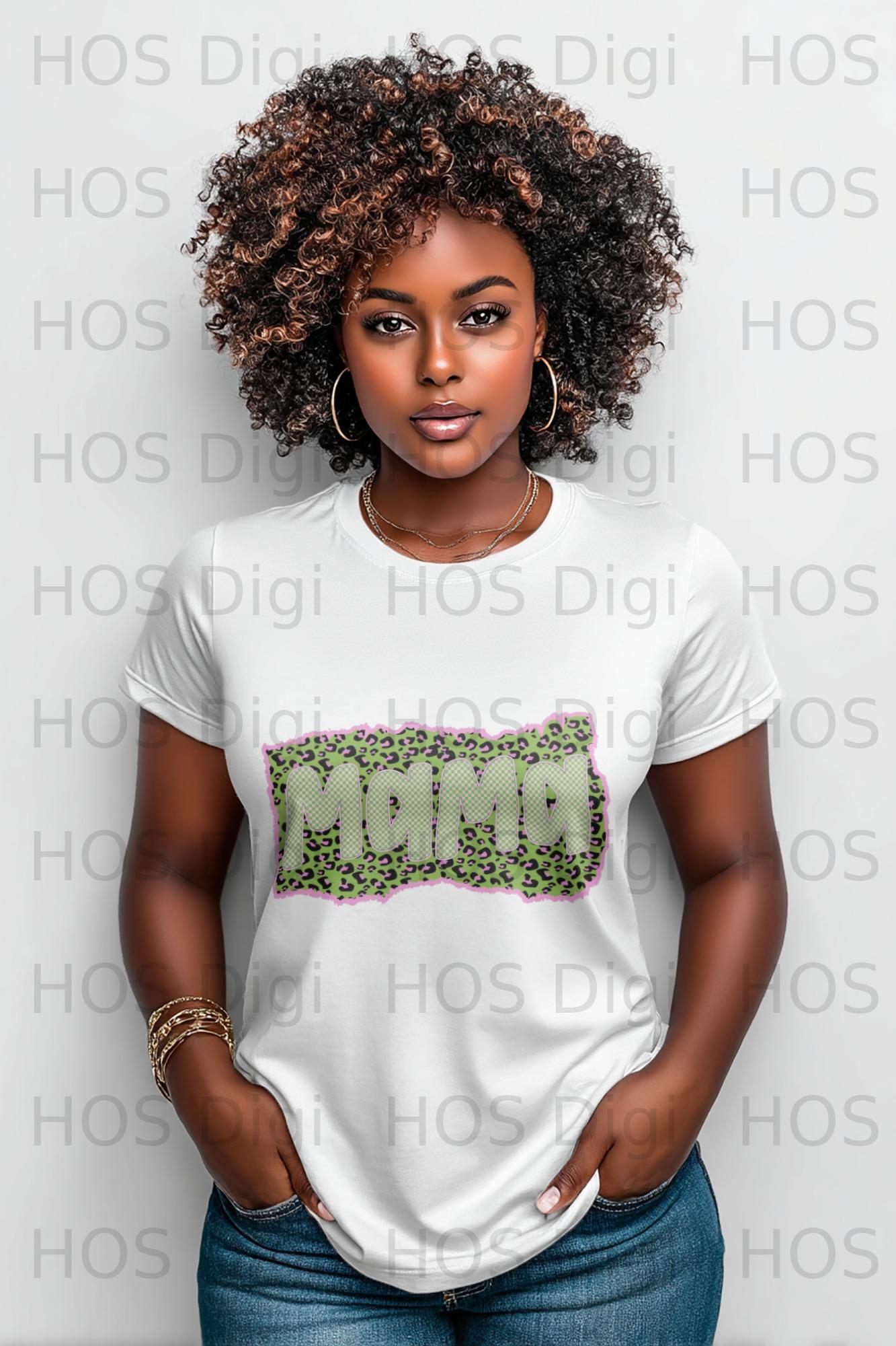 White t-shirt with "MAMA" text in leopard print and green outline.