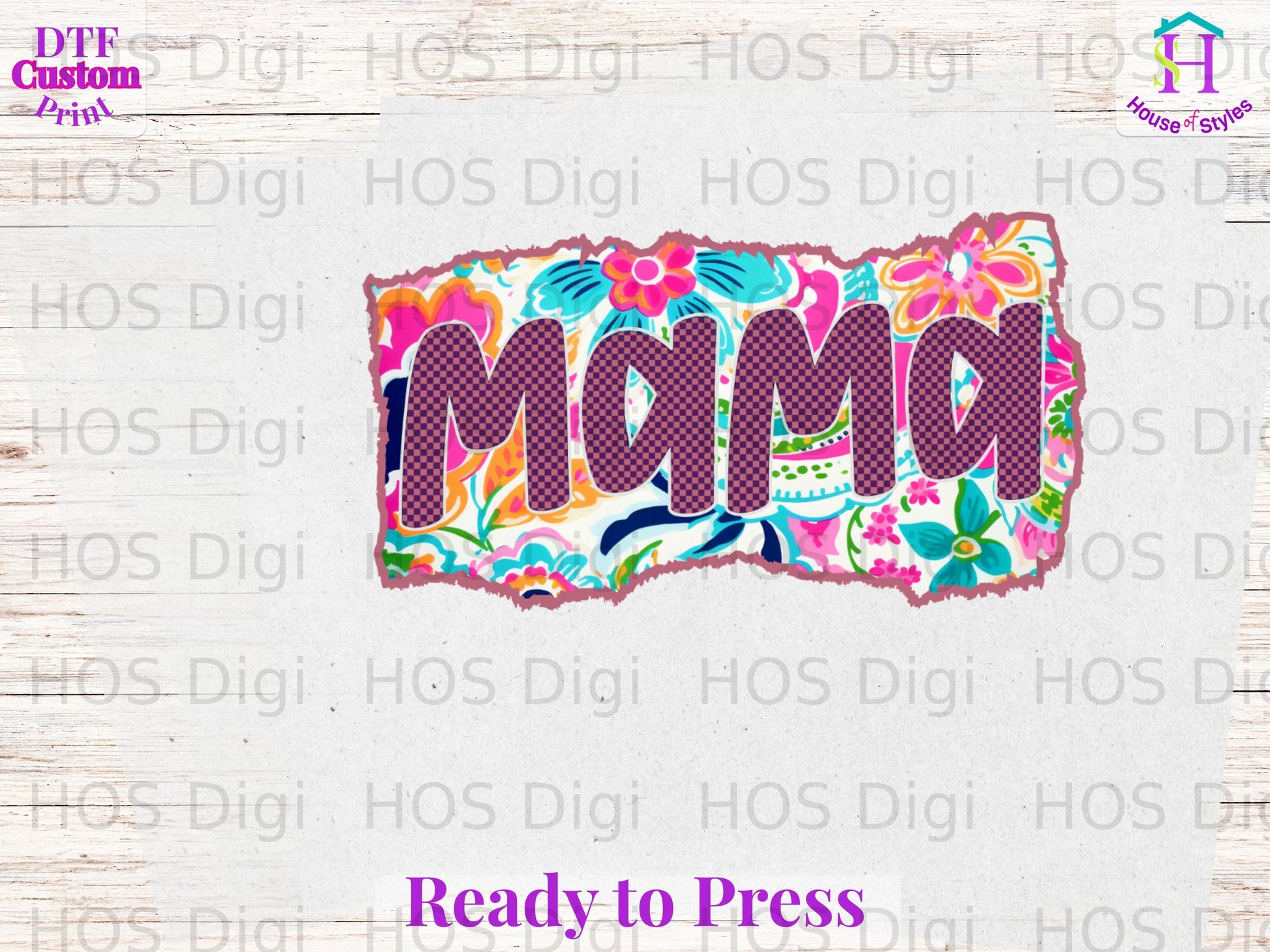 "Mama" text design with floral pattern on a ripped paper background.
