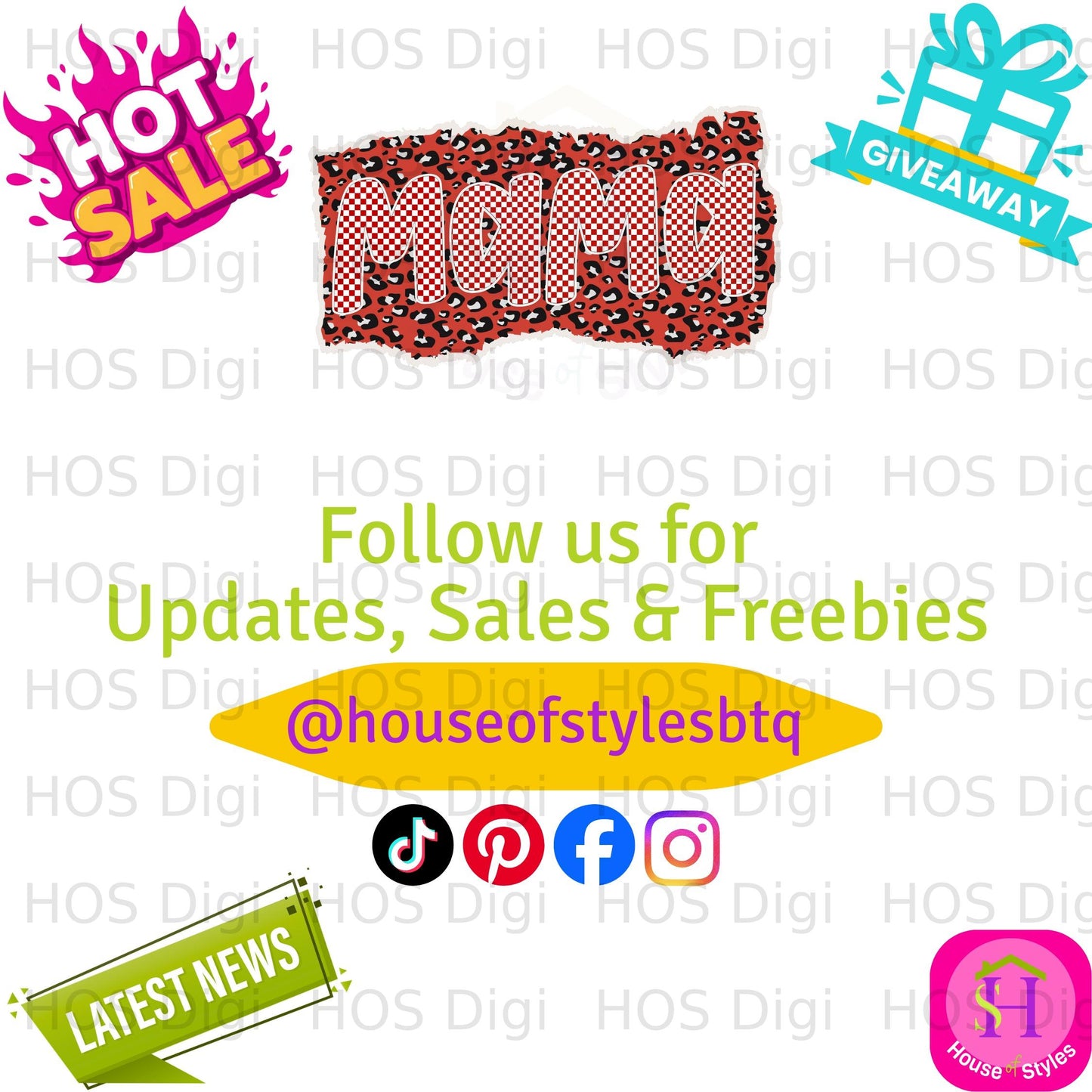 Mama graphic with social media icons and "Follow us" text.