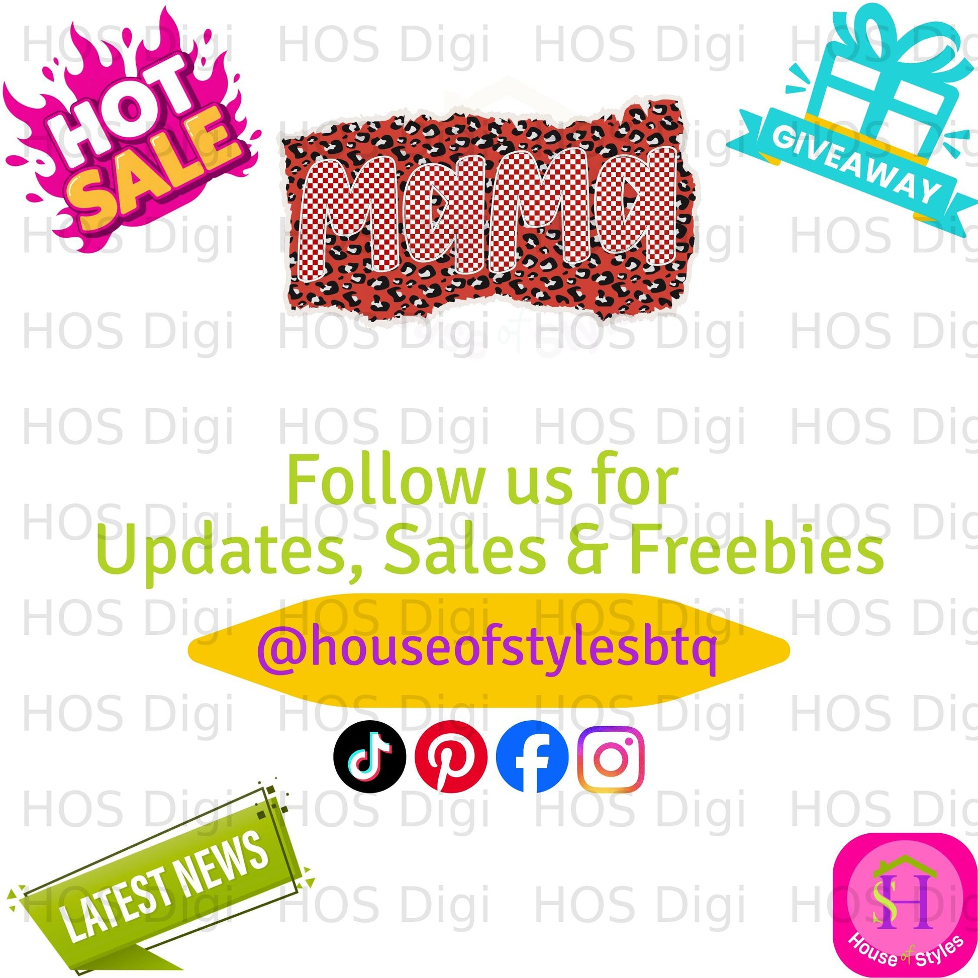 Mama graphic with social media icons and "Follow us" text.