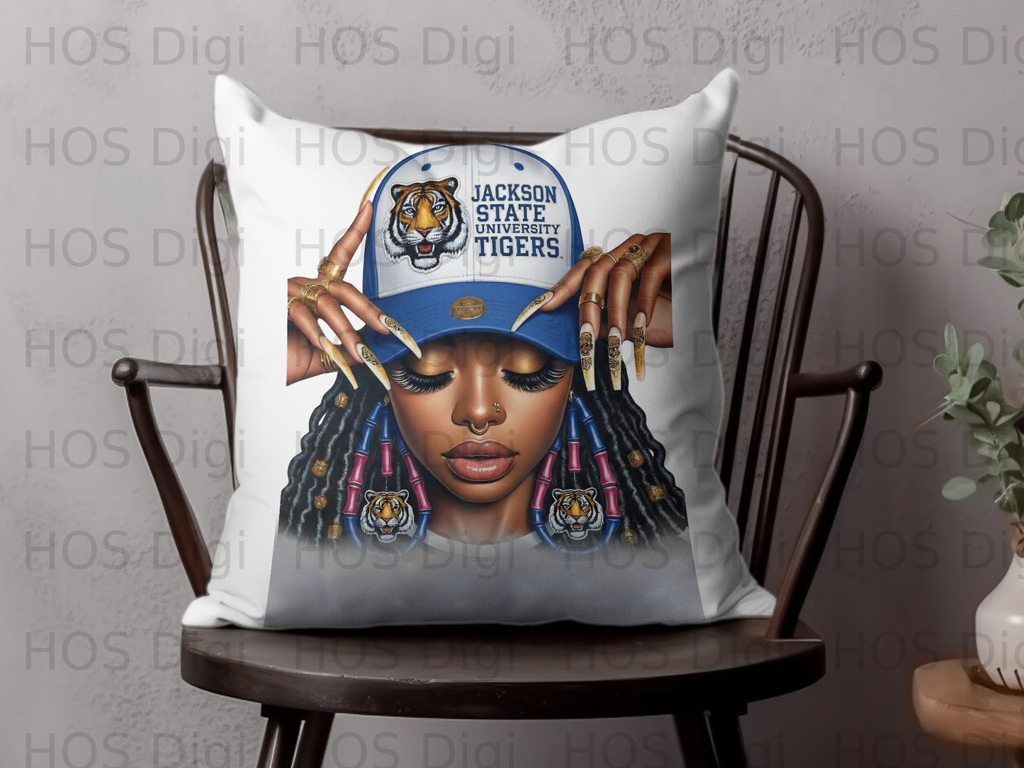 Jackson State University Tigers baseball cap worn by a person with gold earrings.