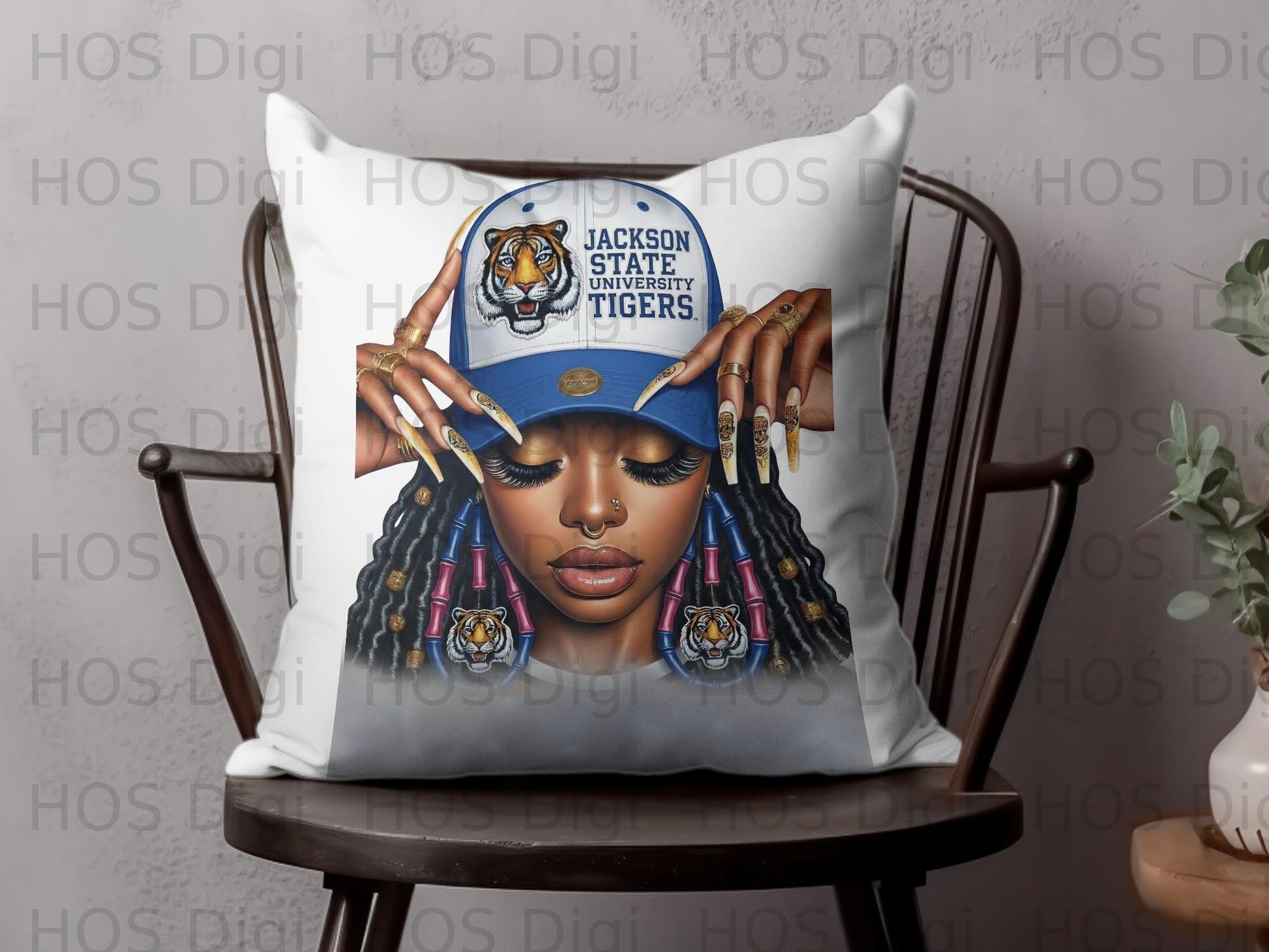 Jackson State University Tigers baseball cap worn by a person with gold earrings.
