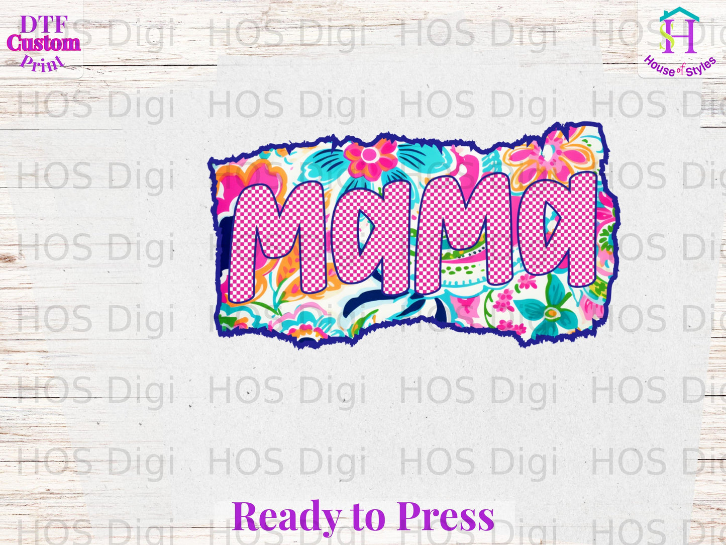 "Mama" text with floral pattern, ready to press design.