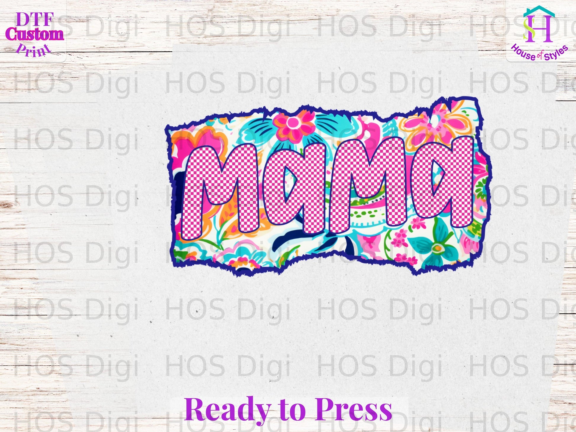 "Mama" text with floral pattern, ready to press design.