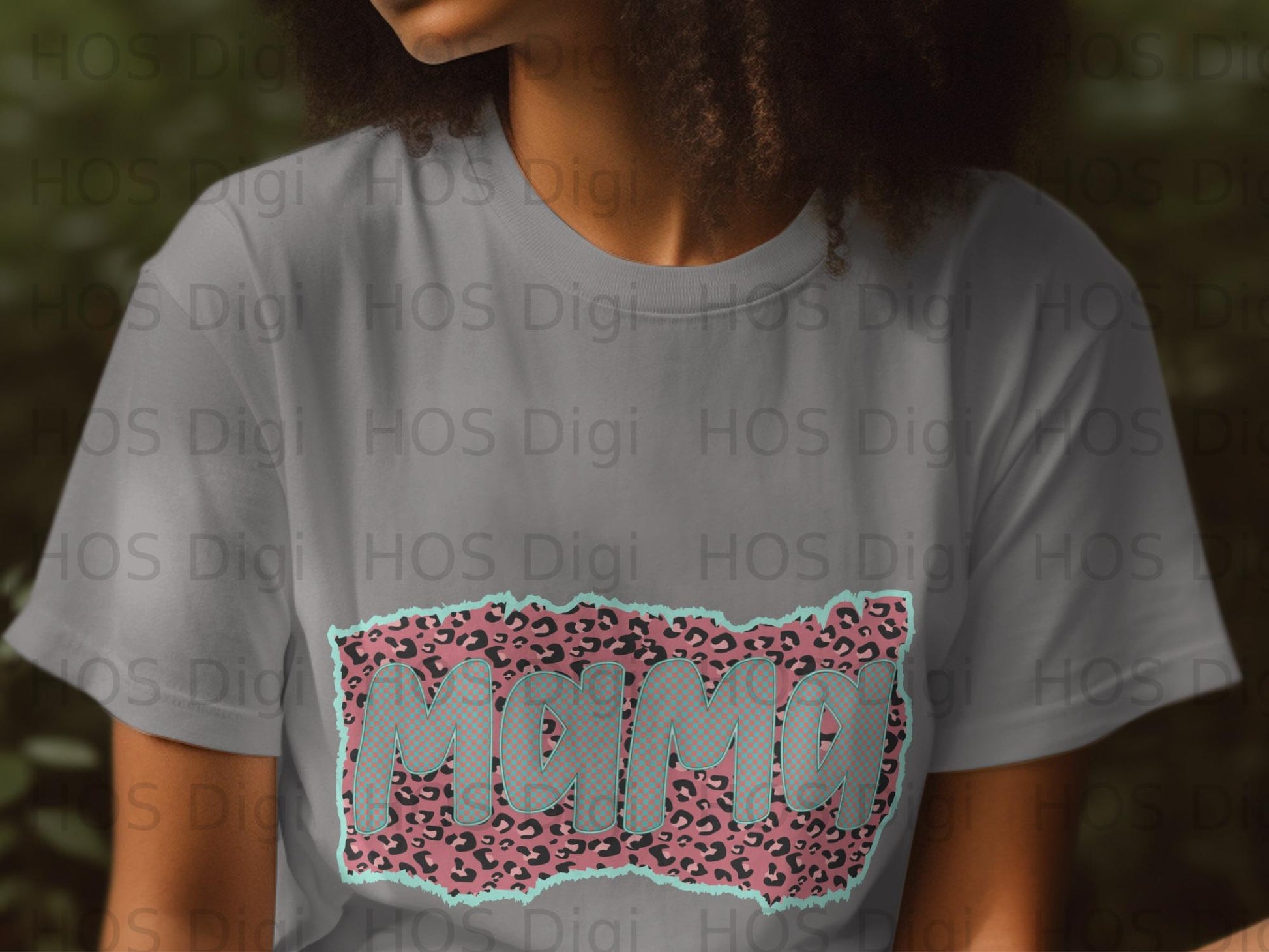 Mama text with pink and blue leopard print on a light blue background.