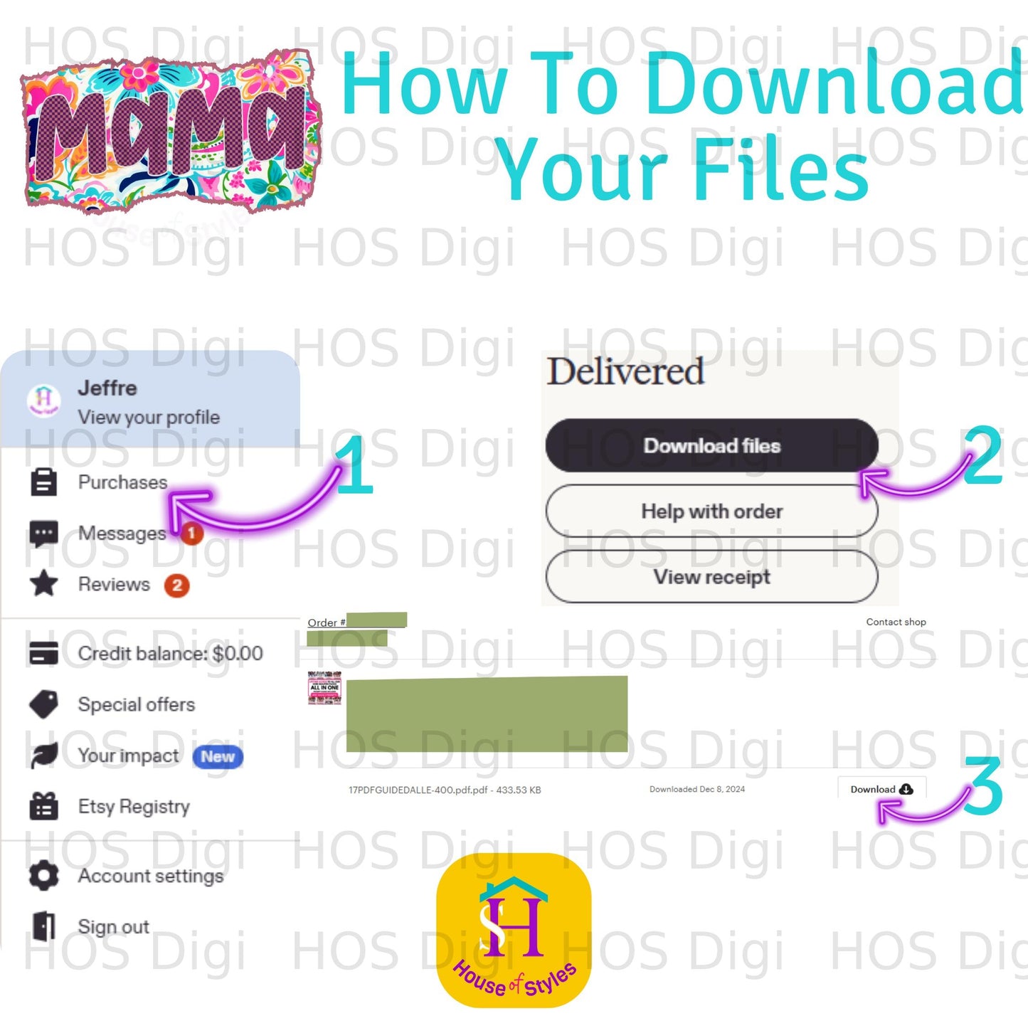 Screenshot showing how to download purchased digital files from an Etsy seller.