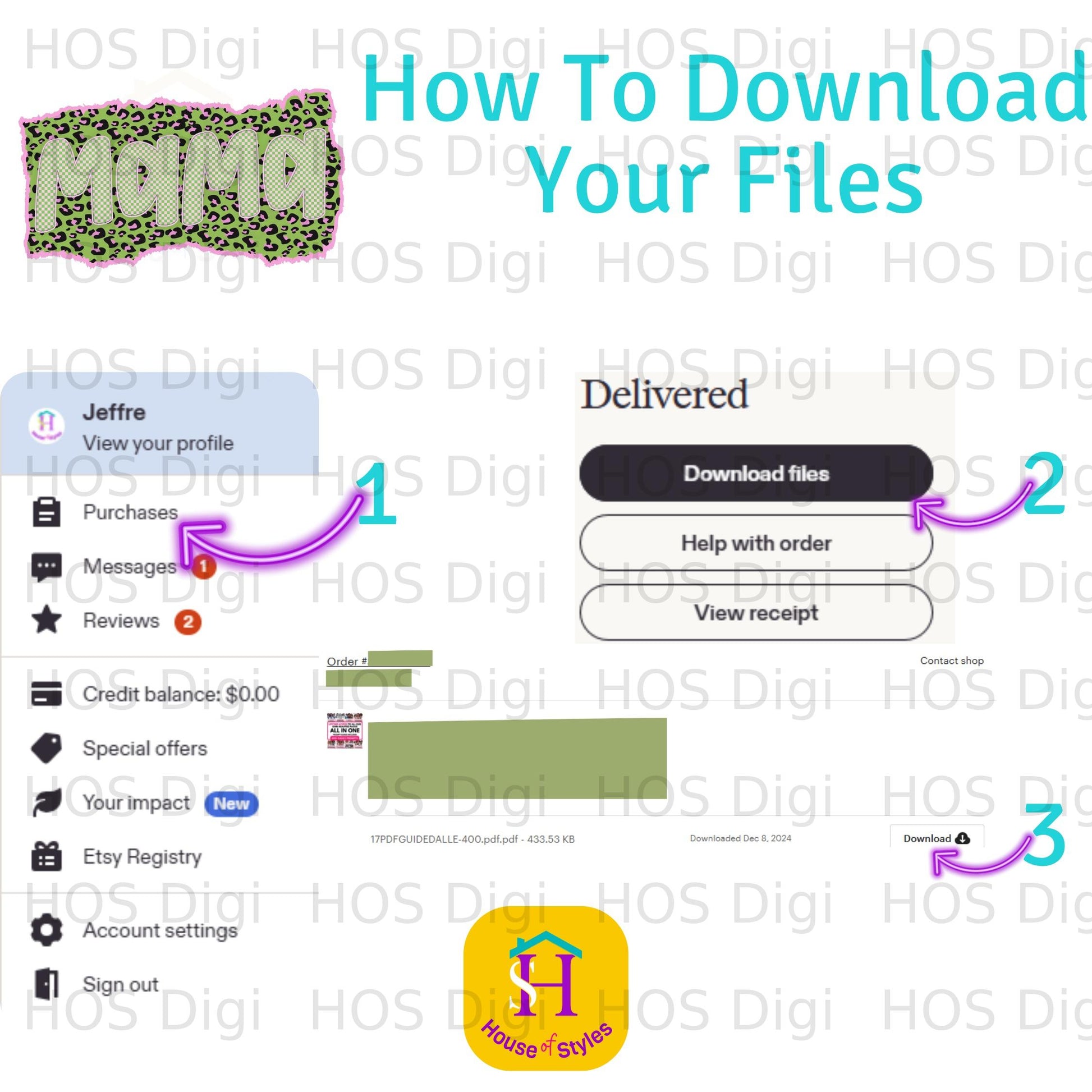 Screenshot of Etsy order page showing download files button.