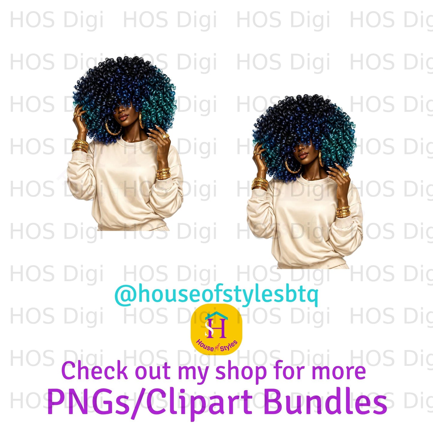Two women with blue and black curly hair wear white tops, with shop branding overlayed.