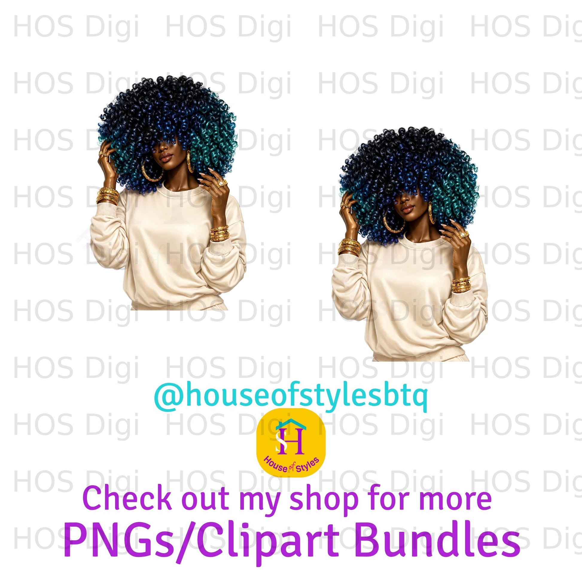 Two women with blue and black curly hair wear white tops, with shop branding overlayed.