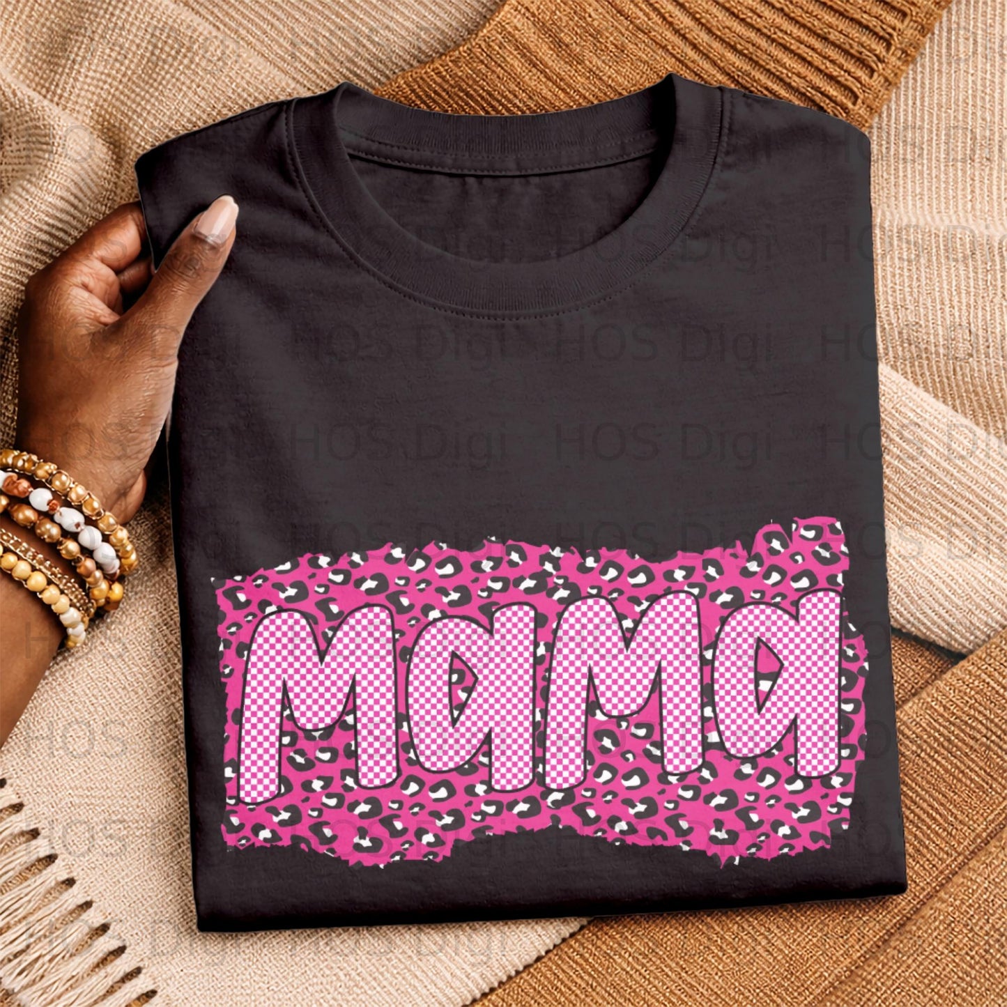 Black t-shirt with pink and white checkered "Mama" graphic on leopard print.