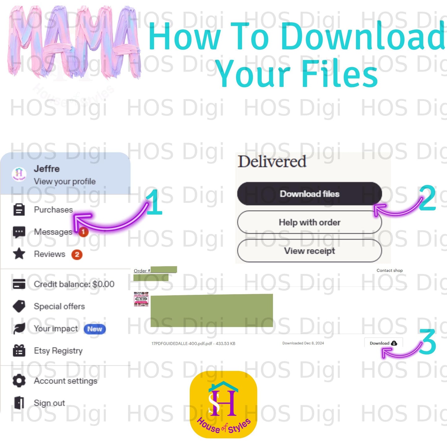 Screenshot showing Etsy download instructions with text "How To Download Your Files".