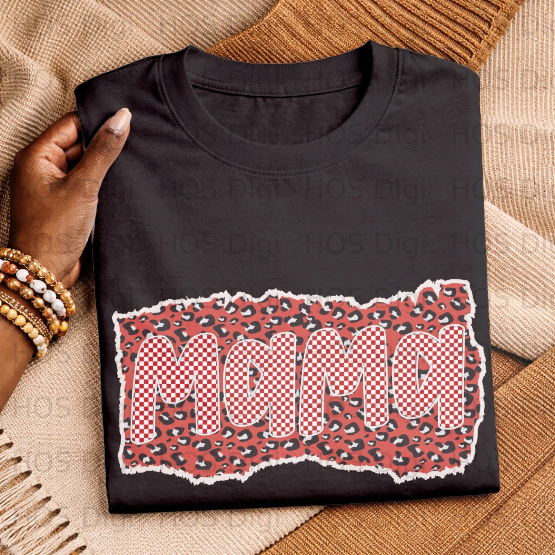 Black t-shirt with "Mama" graphic in red and white checkerboard pattern.