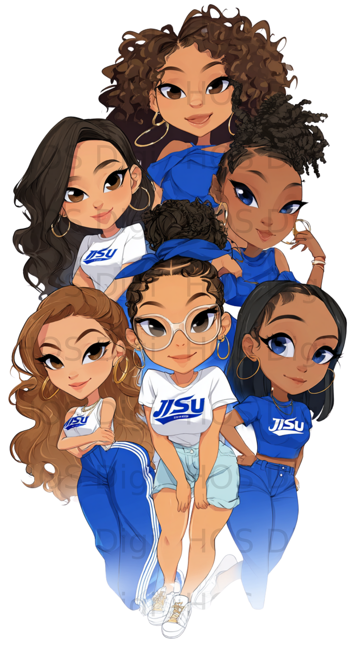 Group of diverse young women in blue and white "JISU" apparel.