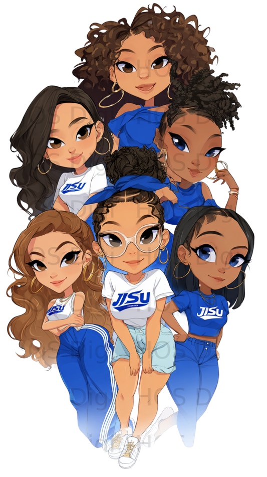 Group of diverse young women in blue and white "JISU" apparel.