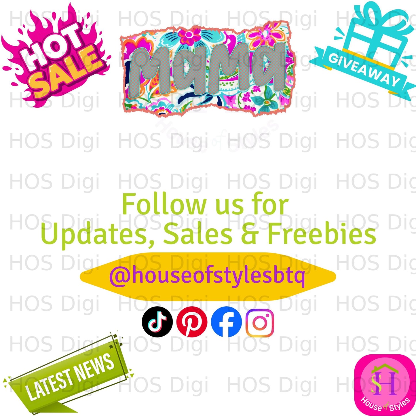 Mama graphic with social media icons and "Follow us for Updates, Sales & Freebies."