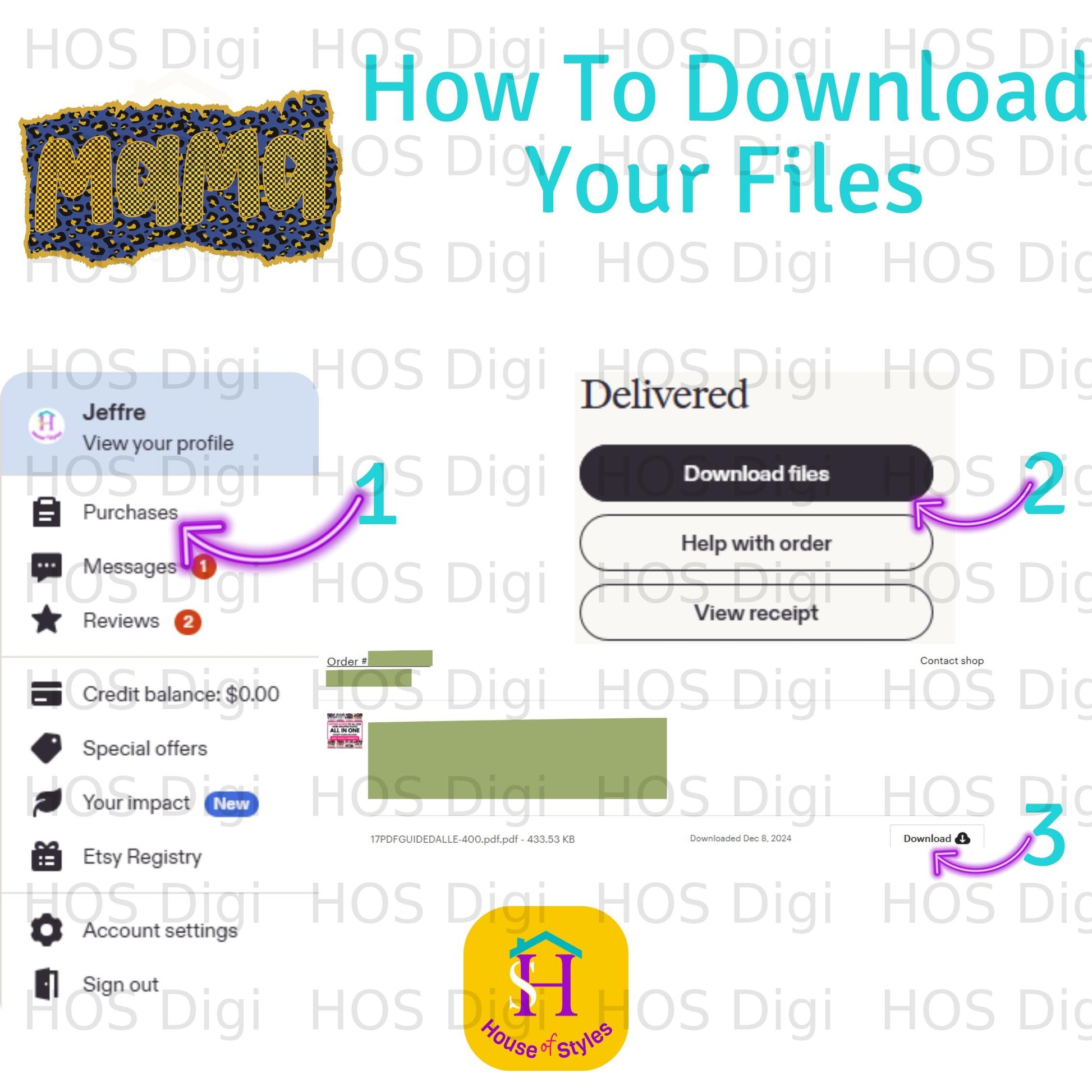 Instructions for downloading files on Etsy, showing purchase details and order information.