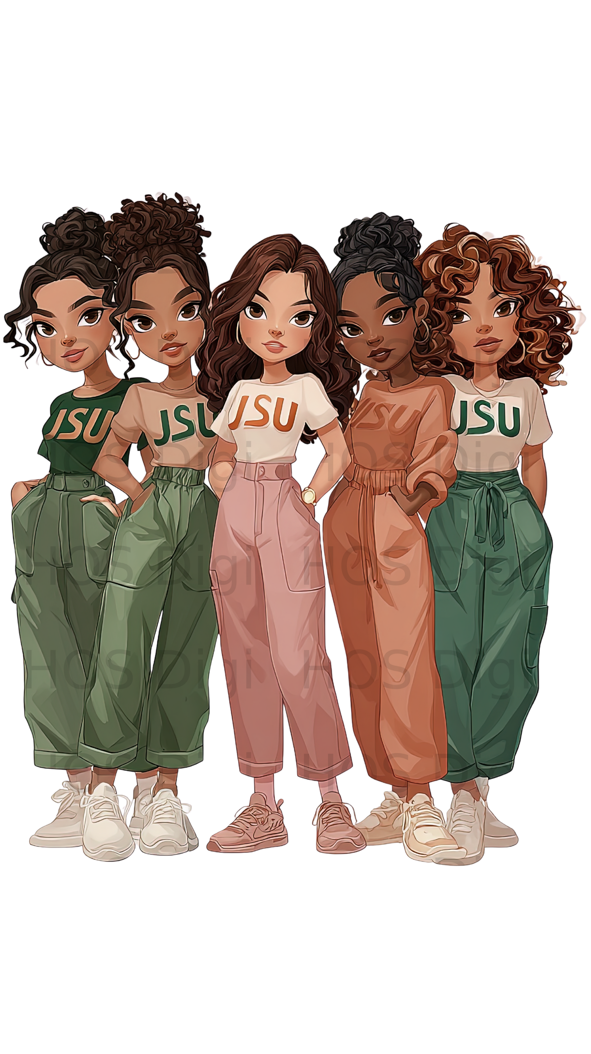Five diverse young women wearing JSU t-shirts and stylish pants.