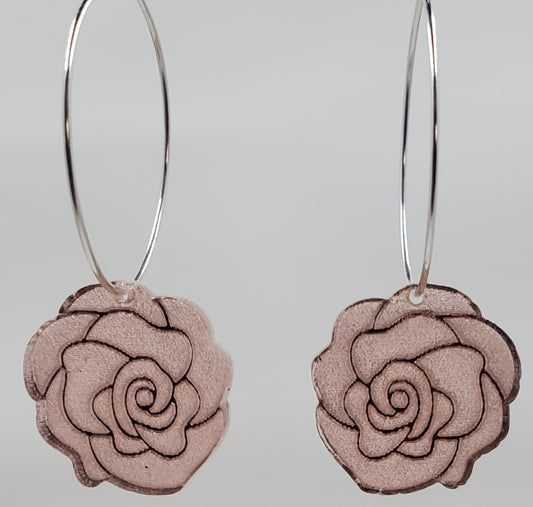 Engraved Rose Hoop Drop Earrings