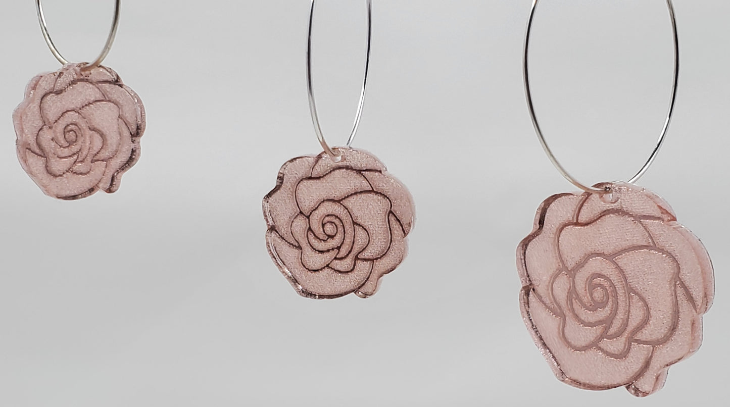 Engraved Rose Hoop Drop Earrings