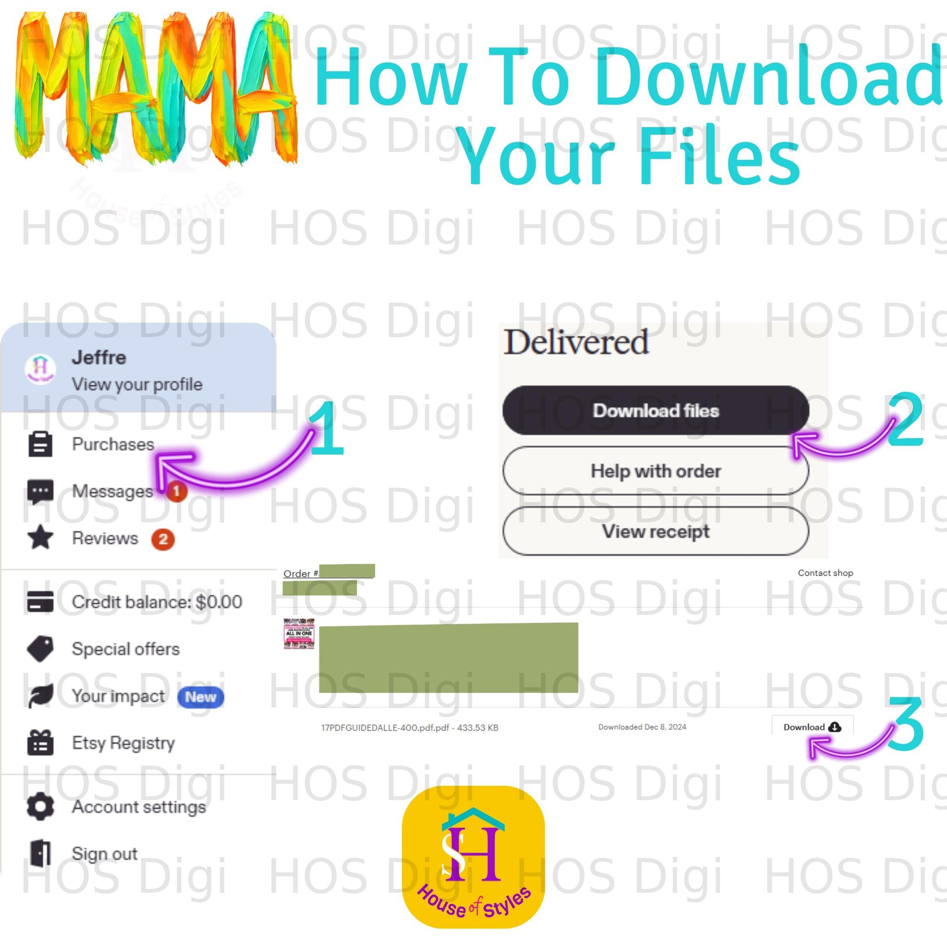 Screenshot of Etsy order page showing "MAMA" file download options and order details.