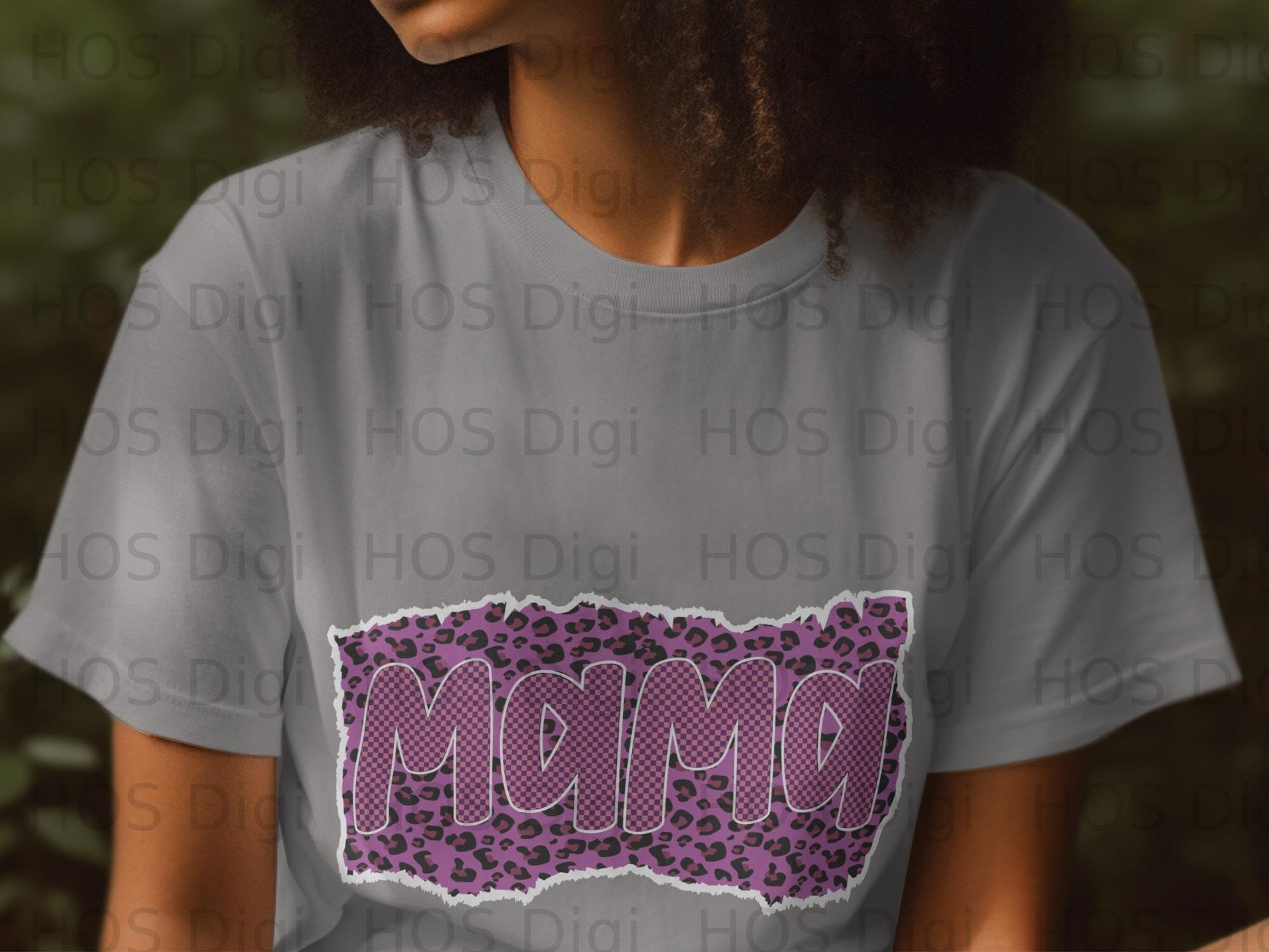 Distressed purple gingham "Mama" graphic on a gray background.