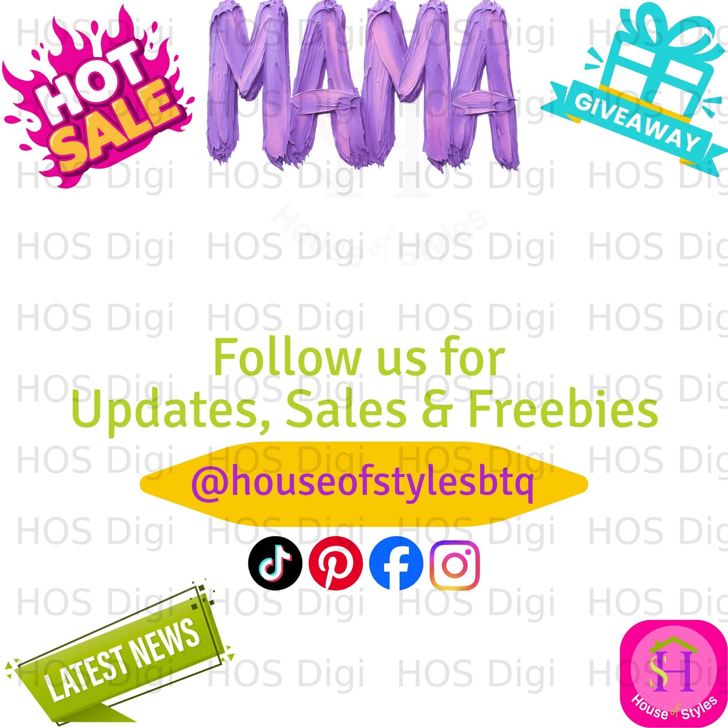 MAMA text with "Hot Sale" and "Giveaway" graphics, social media icons.