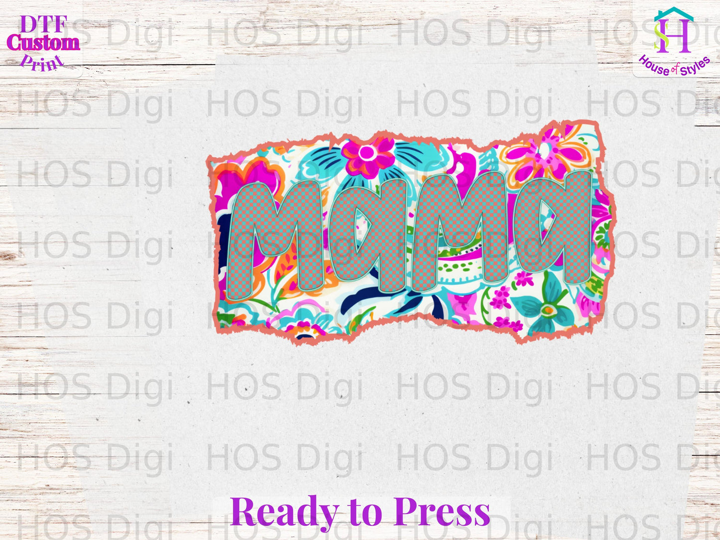 Mama text design with floral pattern, ready to press.