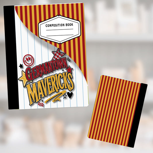 Composition book with "Germantown Mavericks" logo and red and yellow stripes.