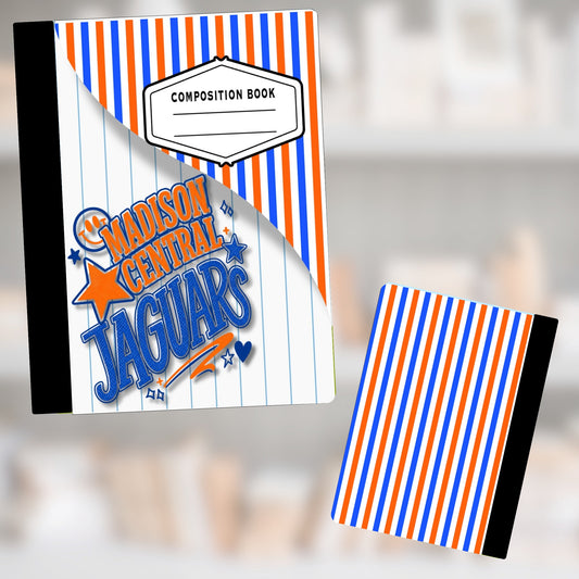 Composition book with "Madison Central Jaguars" logo and orange and blue stripes.
