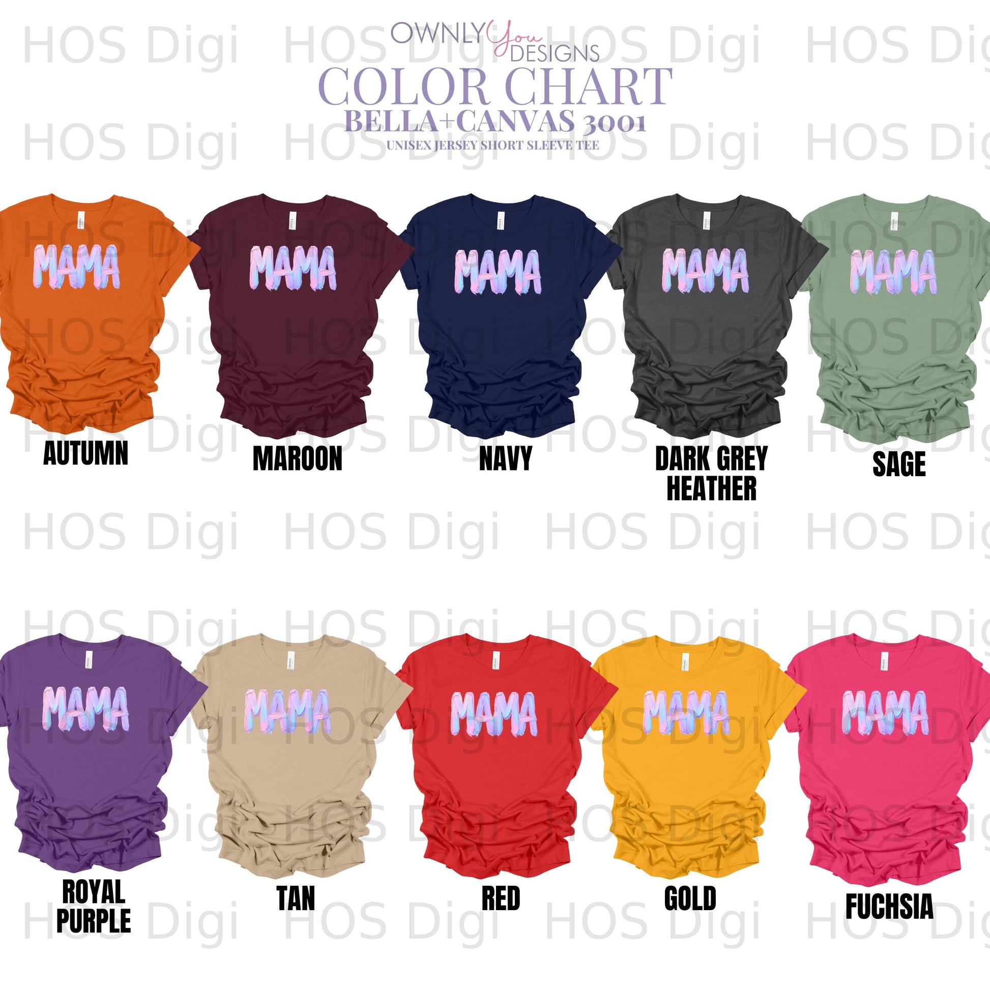 Bella+Canvas 3001 color chart with t-shirt mockups labeled by color.