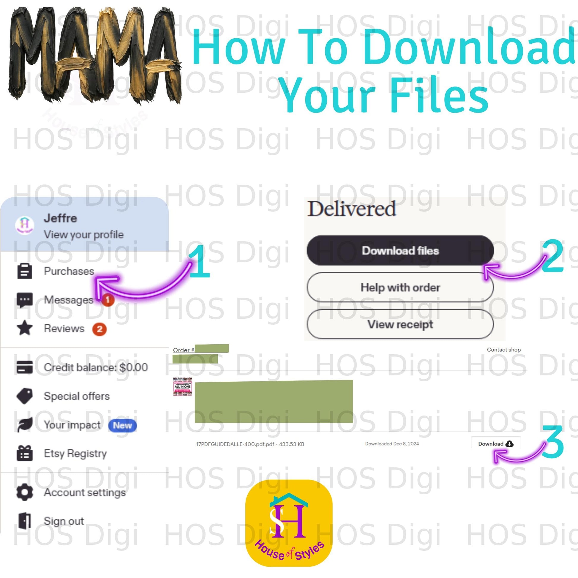 Etsy order confirmation for "MAMA How To Download Your Files."