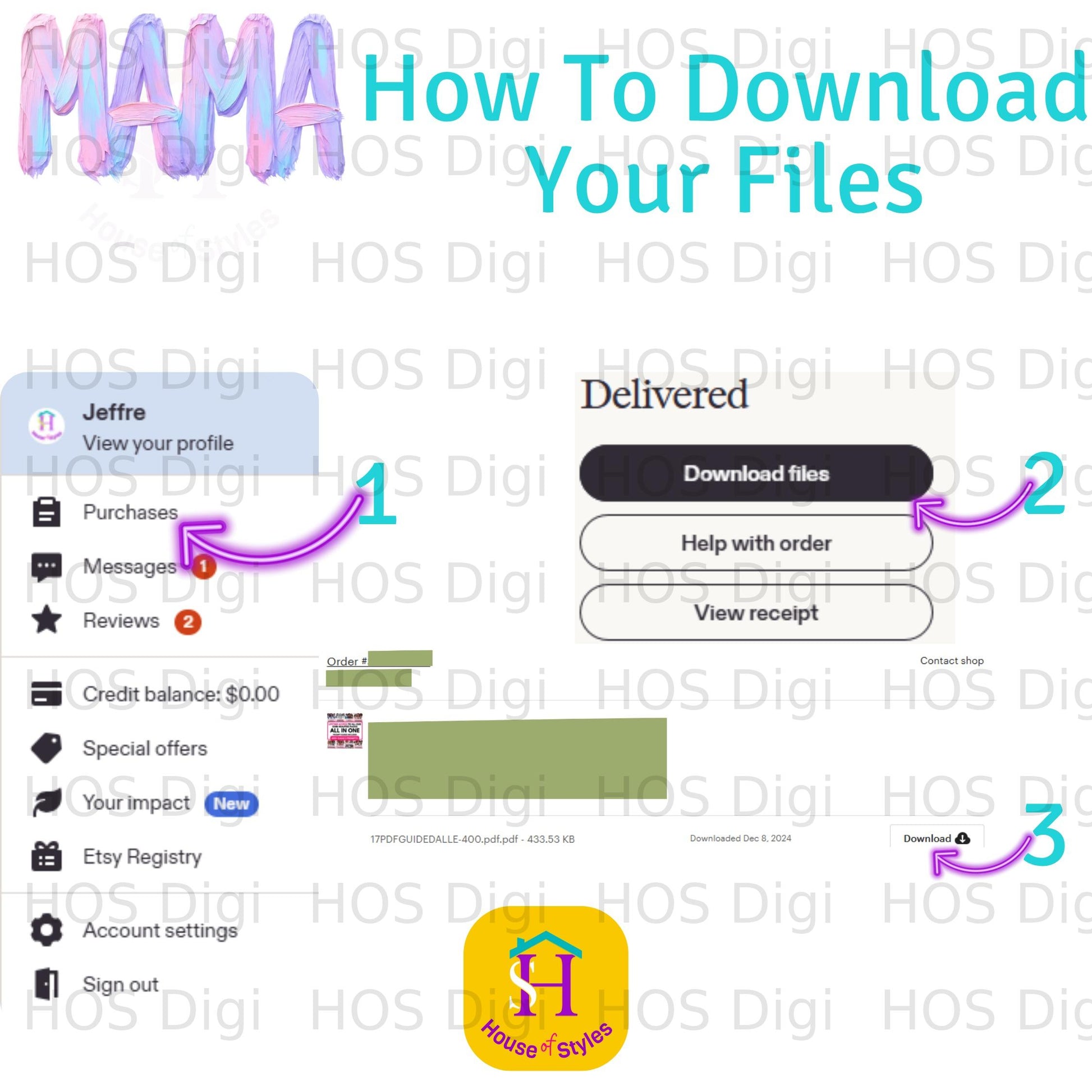 Screenshot of Etsy's "How to Download Your Files" page with order details.