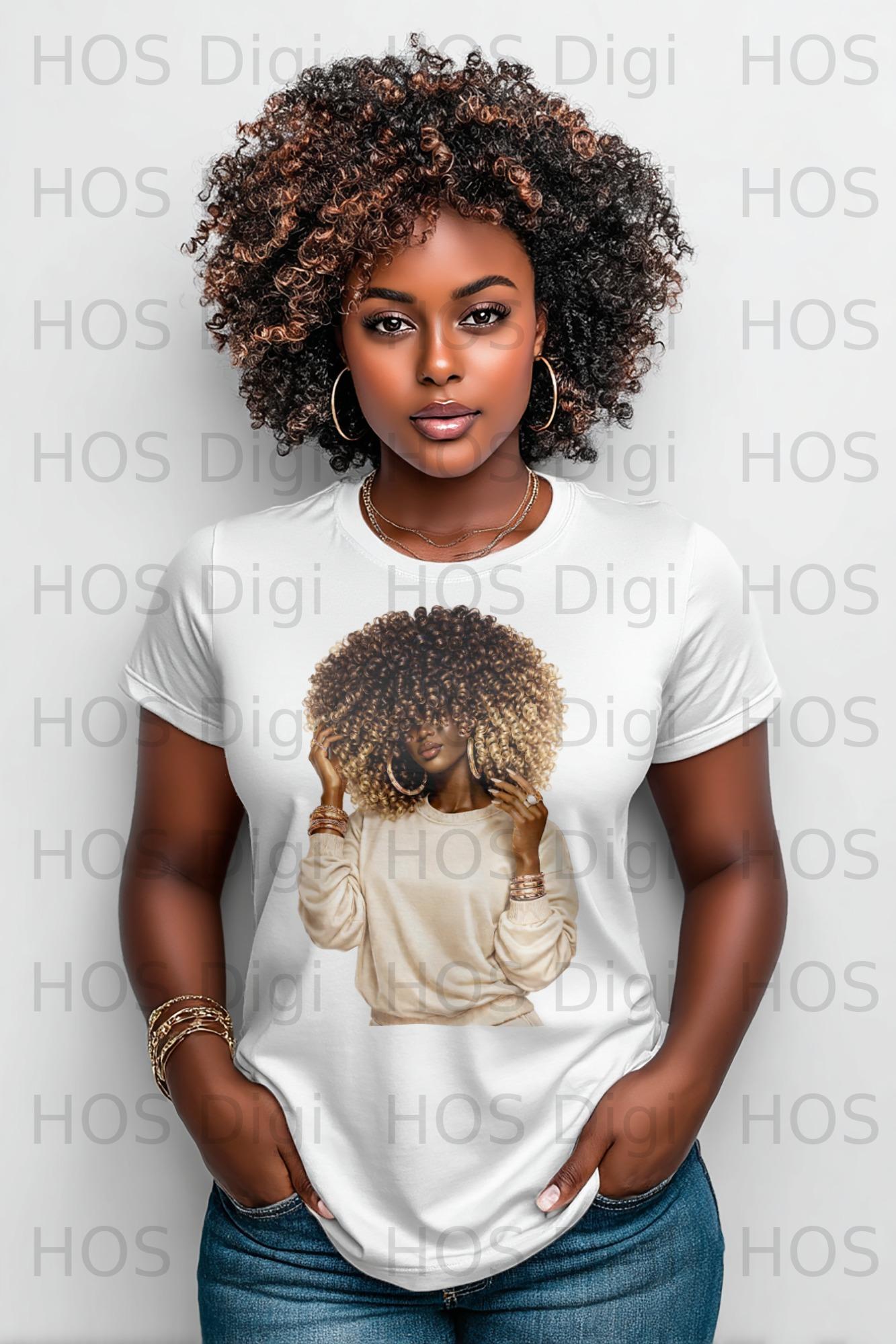 Woman with curly hair wearing a white t-shirt and jewelry.