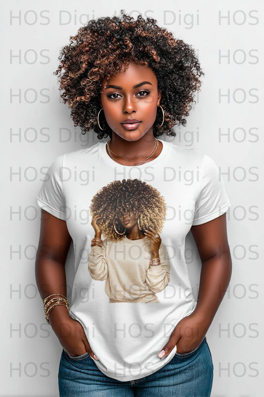 Woman with curly hair wearing a white t-shirt and jewelry.
